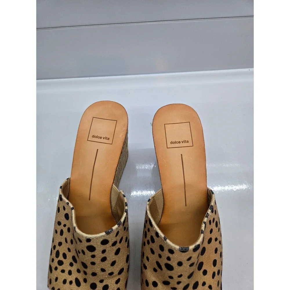 Dolce Vita Polka Dot Canvas Cork Wedge Sandals Tan Black Open Toe Mules Size 8